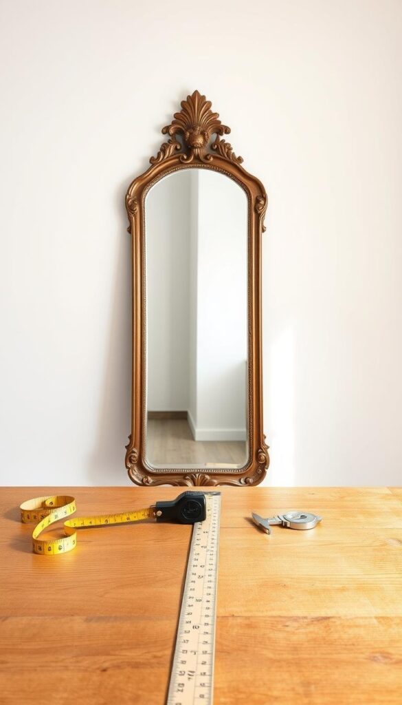 A well-lit, minimalist studio setting with a wooden table in the foreground. Resting on the table are various measuring tools, including a tape measure, ruler, and caliper. In the middle ground, a large, ornate mirror is positioned at an angle, reflecting the table and tools. The background features a plain, light-colored wall, allowing the focus to remain on the mirror and measurements. The lighting is soft and natural, creating a sense of clarity and precision. The overall composition emphasizes the importance of accurately measuring the space when selecting and positioning mirrors to enhance the interior design. A well-lit, minimalist studio setting with a wooden table in the foreground. Resting on the table are various measuring tools, including a tape measure, ruler, and caliper. In the middle ground, a large, ornate mirror is positioned at an angle, reflecting the table and tools. The background features a plain, light-colored wall, allowing the focus to remain on the mirror and measurements. The lighting is soft and natural, creating a sense of clarity and precision. The overall composition emphasizes the importance of accurately measuring the space when selecting and positioning mirrors to enhance the interior design.