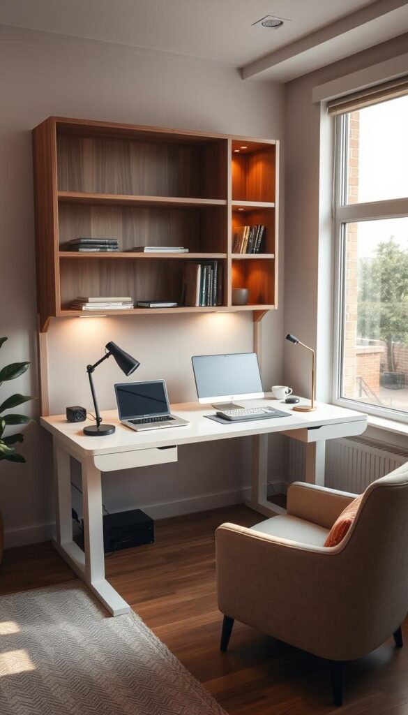 A well-lit, modern home office featuring a sleek, multifunctional desk that serves as a workspace, a standing station, and a charging hub for laptops and devices. The desk is complemented by a cozy armchair with built-in storage compartments, and a floating shelving unit that seamlessly integrates task lighting, display space, and additional storage. The room is bathed in warm, natural light from large windows, creating a productive and inviting atmosphere. The overall design prioritizes efficiency, ergonomics, and a minimalist aesthetic, perfectly suited for the contemporary, tech-savvy homeowner. A well-lit, modern home office featuring a sleek, multifunctional desk that serves as a workspace, a standing station, and a charging hub for laptops and devices. The desk is complemented by a cozy armchair with built-in storage compartments, and a floating shelving unit that seamlessly integrates task lighting, display space, and additional storage. The room is bathed in warm, natural light from large windows, creating a productive and inviting atmosphere. The overall design prioritizes efficiency, ergonomics, and a minimalist aesthetic, perfectly suited for the contemporary, tech-savvy homeowner.