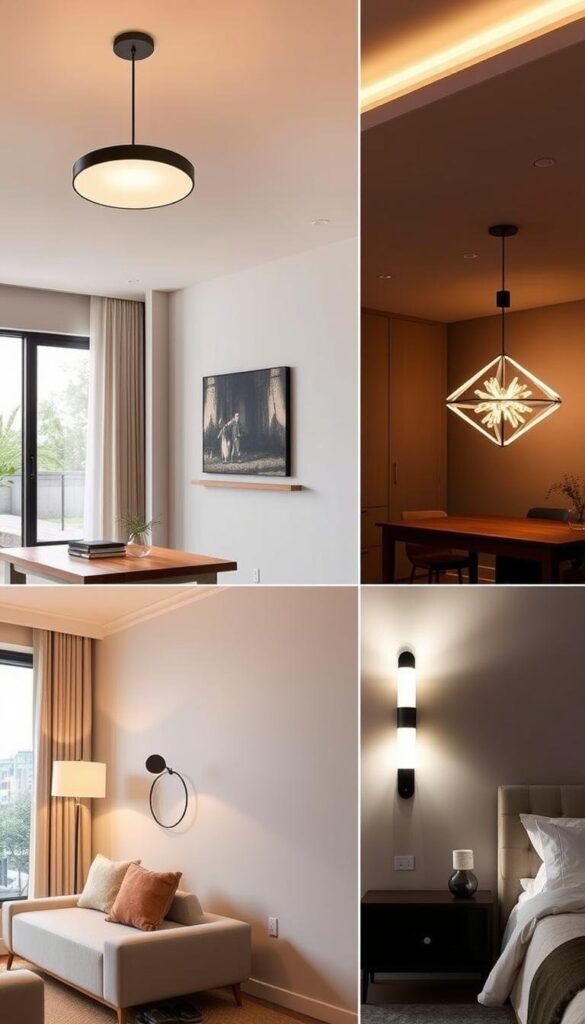 A well-lit modern living room showcasing various lighting trends, featuring a sleek pendant light with a minimalist design suspended above a wooden coffee table, complemented by strategically placed recessed spotlights that accentuate the room's architectural features. In the adjacent dining area, a stunning contemporary chandelier casts a warm, ambient glow over a stylish wooden dining table, while a floor lamp with a unique angular silhouette adds a touch of sophistication to the corner. The bedroom boasts a sophisticated wall-mounted sconce that provides both task and mood lighting, seamlessly integrated with the room's neutral color palette. Throughout the scene, natural light filters in through large windows, creating a harmonious and inviting atmosphere. A well-lit modern living room showcasing various lighting trends, featuring a sleek pendant light with a minimalist design suspended above a wooden coffee table, complemented by strategically placed recessed spotlights that accentuate the room's architectural features. In the adjacent dining area, a stunning contemporary chandelier casts a warm, ambient glow over a stylish wooden dining table, while a floor lamp with a unique angular silhouette adds a touch of sophistication to the corner. The bedroom boasts a sophisticated wall-mounted sconce that provides both task and mood lighting, seamlessly integrated with the room's neutral color palette. Throughout the scene, natural light filters in through large windows, creating a harmonious and inviting atmosphere.