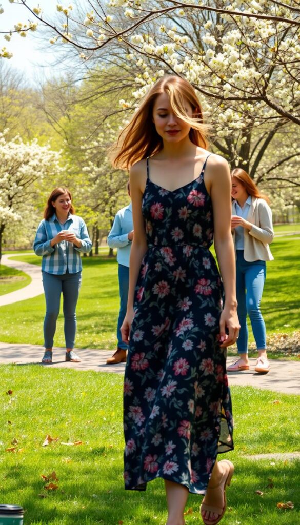 A well-lit, natural outdoor scene on a sunny spring day. In the foreground, a relaxed young woman in a floral midi dress, her hair tousled by a light breeze. She strolls casually, her comfortable sandals kicking up a few leaves. In the middle ground, a group of friends gather, chatting and laughing as they sip coffee, dressed in assorted casual spring looks - boyfriend jeans, button-down shirts, cropped cardigans. The background features a lush, verdant park setting, with blooming trees and a winding path leading into the distance. The overall mood is effortless, carefree, and in tune with the spirit of the season. A well-lit, natural outdoor scene on a sunny spring day. In the foreground, a relaxed young woman in a floral midi dress, her hair tousled by a light breeze. She strolls casually, her comfortable sandals kicking up a few leaves. In the middle ground, a group of friends gather, chatting and laughing as they sip coffee, dressed in assorted casual spring looks - boyfriend jeans, button-down shirts, cropped cardigans. The background features a lush, verdant park setting, with blooming trees and a winding path leading into the distance. The overall mood is effortless, carefree, and in tune with the spirit of the season.
