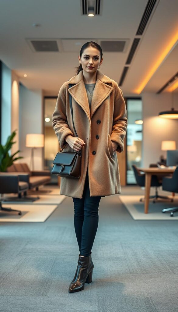 A well-lit office setting with a sleek, contemporary aesthetic. In the foreground, a professional model poses confidently, showcasing a tailored, luxurious teddy coat in a neutral, versatile color like camel or grey. The coat features clean lines, subtle details, and a slightly oversized silhouette for a chic, effortless look. The model's accessories - a structured leather bag, polished ankle boots, and minimal jewelry - complement the coat and tie the ensemble together. The background blends modern office decor, such as minimalist furniture, warm lighting, and a neutral color palette, creating a sophisticated, work-appropriate ambiance. The overall mood is one of polished, polished professionalism and understated elegance. A well-lit office setting with a sleek, contemporary aesthetic. In the foreground, a professional model poses confidently, showcasing a tailored, luxurious teddy coat in a neutral, versatile color like camel or grey. The coat features clean lines, subtle details, and a slightly oversized silhouette for a chic, effortless look. The model's accessories - a structured leather bag, polished ankle boots, and minimal jewelry - complement the coat and tie the ensemble together. The background blends modern office decor, such as minimalist furniture, warm lighting, and a neutral color palette, creating a sophisticated, work-appropriate ambiance. The overall mood is one of polished, polished professionalism and understated elegance.