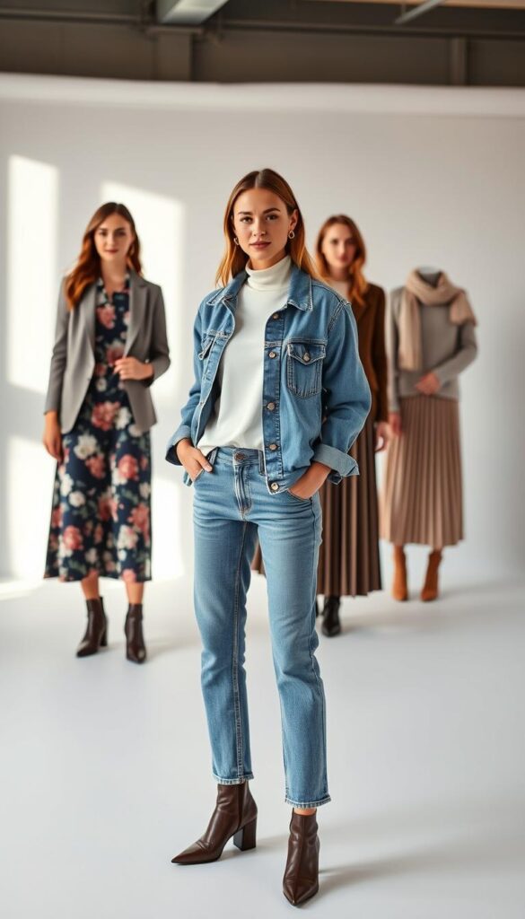 A well-lit studio scene showcasing several transitional outfits. In the foreground, a female model poses confidently in a lightweight denim jacket layered over a crisp white turtleneck and straight-leg jeans. Behind her, another model showcases a floral midi dress paired with a structured blazer and ankle boots. In the background, a third model wears a cozy knit sweater and pleated midi skirt, accessorized with a delicate scarf. Soft, natural lighting illuminates the outfits, highlighting the textures and colors. The overall mood is sophisticated, practical, and seasonally versatile. A well-lit studio scene showcasing several transitional outfits. In the foreground, a female model poses confidently in a lightweight denim jacket layered over a crisp white turtleneck and straight-leg jeans. Behind her, another model showcases a floral midi dress paired with a structured blazer and ankle boots. In the background, a third model wears a cozy knit sweater and pleated midi skirt, accessorized with a delicate scarf. Soft, natural lighting illuminates the outfits, highlighting the textures and colors. The overall mood is sophisticated, practical, and seasonally versatile.