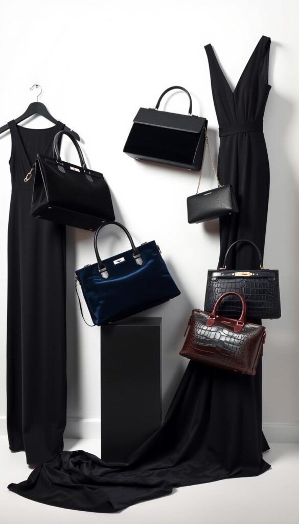 A well-lit studio setting showcases an elegant arrangement of high-fashion handbags alongside a sleek, floor-length black dress. The handbags feature a range of luxurious materials such as supple leather, velvet, and embossed crocodile skin, in shades of black, midnight blue, and deep burgundy. They are positioned at various angles, creating a visually compelling still life composition. The black dress, draped artfully, serves as the backdrop, highlighting the handbags' sophistication and the harmonious interplay of textures and tones. Soft, directional lighting casts gentle shadows, enhancing the depth and dimensionality of the scene. The overall mood is one of refined opulence, inviting the viewer to imagine the perfect accessories to complement a timeless black dress. A well-lit studio setting showcases an elegant arrangement of high-fashion handbags alongside a sleek, floor-length black dress. The handbags feature a range of luxurious materials such as supple leather, velvet, and embossed crocodile skin, in shades of black, midnight blue, and deep burgundy. They are positioned at various angles, creating a visually compelling still life composition. The black dress, draped artfully, serves as the backdrop, highlighting the handbags' sophistication and the harmonious interplay of textures and tones. Soft, directional lighting casts gentle shadows, enhancing the depth and dimensionality of the scene. The overall mood is one of refined opulence, inviting the viewer to imagine the perfect accessories to complement a timeless black dress.