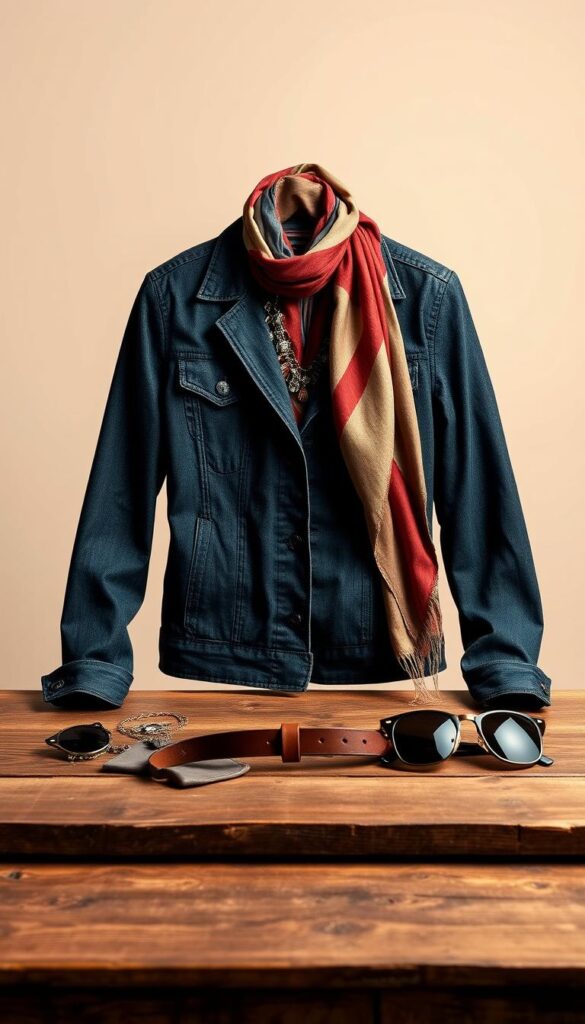 A well-lit studio setting with a rustic wooden table in the foreground, showcasing a neatly arranged collection of denim jacket accessories. In the middle ground, a sleek, dark-wash denim jacket is displayed, accompanied by a variety of complementary accessories, such as a leather belt, a silk scarf, a statement necklace, and a pair of stylish sunglasses. The background features a soft, muted color palette, creating a harmonious and visually appealing composition. The lighting is warm and directional, highlighting the textures and details of the items. The overall atmosphere evokes a sense of effortless sophistication and stylish recommendations for accessorizing a denim jacket. A well-lit studio setting with a rustic wooden table in the foreground, showcasing a neatly arranged collection of denim jacket accessories. In the middle ground, a sleek, dark-wash denim jacket is displayed, accompanied by a variety of complementary accessories, such as a leather belt, a silk scarf, a statement necklace, and a pair of stylish sunglasses. The background features a soft, muted color palette, creating a harmonious and visually appealing composition. The lighting is warm and directional, highlighting the textures and details of the items. The overall atmosphere evokes a sense of effortless sophistication and stylish recommendations for accessorizing a denim jacket.
