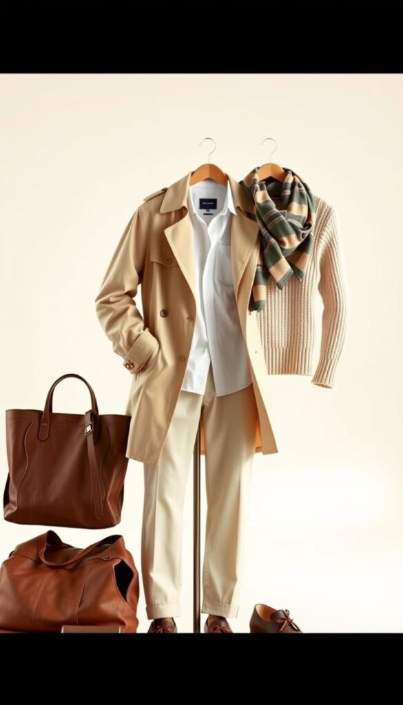 A well-lit studio shot of a meticulously curated arrangement of transitional wardrobe essentials. In the foreground, a selection of versatile garments - a lightweight trench coat, a crisp white button-up, a pair of slim-fit chinos, and a knitted sweater in a neutral tone. In the middle ground, complementary accessories like a leather tote, a silk scarf, and a pair of polished loafers. The background features a minimalist, off-white backdrop, allowing the carefully selected items to take center stage. The overall mood is one of timeless elegance and effortless style, capturing the versatility and practicality of these transitional fashion staples. A well-lit studio shot of a meticulously curated arrangement of transitional wardrobe essentials. In the foreground, a selection of versatile garments - a lightweight trench coat, a crisp white button-up, a pair of slim-fit chinos, and a knitted sweater in a neutral tone. In the middle ground, complementary accessories like a leather tote, a silk scarf, and a pair of polished loafers. The background features a minimalist, off-white backdrop, allowing the carefully selected items to take center stage. The overall mood is one of timeless elegance and effortless style, capturing the versatility and practicality of these transitional fashion staples.