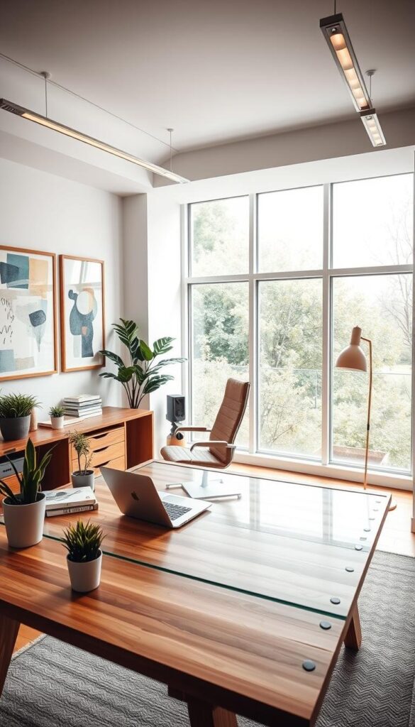 A well-lit, stylish home office with a modern, minimalist design. In the foreground, a large wooden desk with clean lines and a glass top, adorned with potted plants, a laptop, and a few design books. The walls are adorned with abstract artwork, adding pops of color and visual interest. The middle ground features a comfortable, ergonomic office chair in a neutral tone, perfectly complementing the overall aesthetic. The background showcases large windows that flood the space with natural light, creating a bright and airy atmosphere. Warm, indirect lighting from sleek ceiling fixtures and a small table lamp add depth and ambiance. The overall mood is one of focus, creativity, and tranquility. A well-lit, stylish home office with a modern, minimalist design. In the foreground, a large wooden desk with clean lines and a glass top, adorned with potted plants, a laptop, and a few design books. The walls are adorned with abstract artwork, adding pops of color and visual interest. The middle ground features a comfortable, ergonomic office chair in a neutral tone, perfectly complementing the overall aesthetic. The background showcases large windows that flood the space with natural light, creating a bright and airy atmosphere. Warm, indirect lighting from sleek ceiling fixtures and a small table lamp add depth and ambiance. The overall mood is one of focus, creativity, and tranquility.