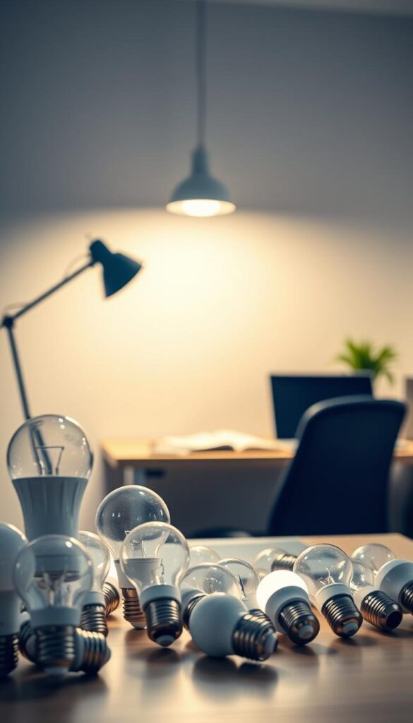 A well-lit workspace with a clean, modern aesthetic. In the foreground, an array of LED light bulbs in various shapes and sizes, showcasing their sleek designs. In the middle ground, a minimalist desk with a laptop and reading materials, illuminated by the soft, warm glow of the LEDs. The background features a neutral-toned wall, highlighting the versatility of the lighting setup. The scene conveys a sense of productivity and efficiency, with the LED bulbs demonstrating their ability to provide ample, energy-efficient illumination for a variety of tasks. A well-lit workspace with a clean, modern aesthetic. In the foreground, an array of LED light bulbs in various shapes and sizes, showcasing their sleek designs. In the middle ground, a minimalist desk with a laptop and reading materials, illuminated by the soft, warm glow of the LEDs. The background features a neutral-toned wall, highlighting the versatility of the lighting setup. The scene conveys a sense of productivity and efficiency, with the LED bulbs demonstrating their ability to provide ample, energy-efficient illumination for a variety of tasks.