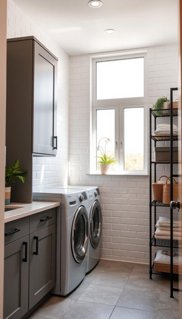 A well-organized and efficiently designed small laundry room with natural lighting streaming through large windows. The room features white subway tile walls, sleek gray cabinetry, and a compact stacked washer and dryer setup. Minimalist industrial shelving along one wall provides ample storage. The room has a calm, relaxing atmosphere with muted tones and a touch of greenery. The scene is captured from a slightly angled perspective, highlighting the room's spatial awareness and flow. Soft, diffused lighting creates a warm, inviting ambiance, showcasing the thoughtful layout and design elements. A well-organized and efficiently designed small laundry room with natural lighting streaming through large windows. The room features white subway tile walls, sleek gray cabinetry, and a compact stacked washer and dryer setup. Minimalist industrial shelving along one wall provides ample storage. The room has a calm, relaxing atmosphere with muted tones and a touch of greenery. The scene is captured from a slightly angled perspective, highlighting the room's spatial awareness and flow. Soft, diffused lighting creates a warm, inviting ambiance, showcasing the thoughtful layout and design elements.