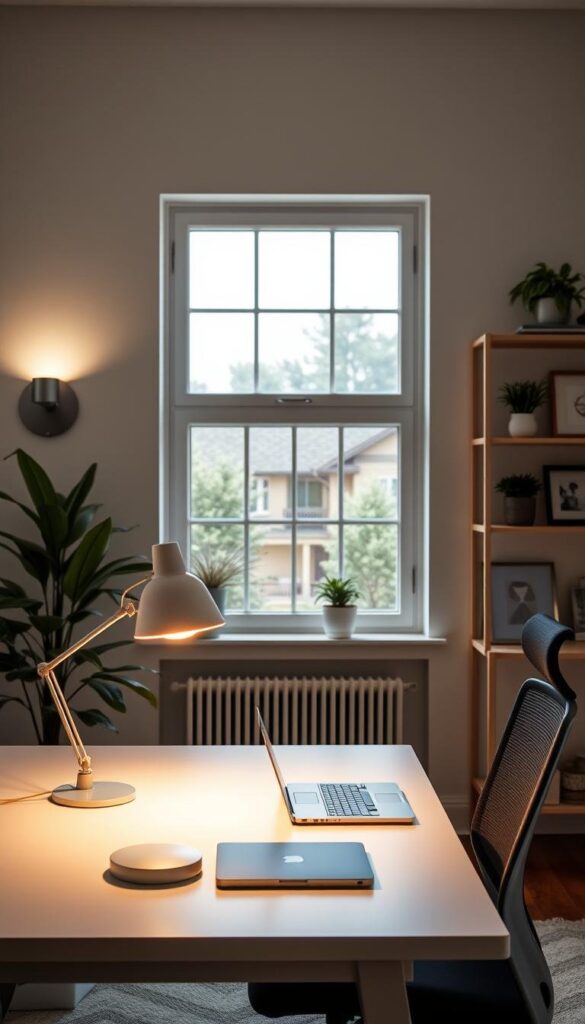 A well-organized and evenly lit home office with a minimalist desk, ergonomic chair, and a mix of task lighting and ambient illumination. The foreground features a sleek desk lamp with a white shade casting a warm glow, a laptop, and a few neatly arranged office supplies. The middle ground showcases a pair of wall-mounted sconces flanking a large window, letting in natural daylight and creating a balanced, productive atmosphere. The background includes shelves displaying decorative plants and a few framed artworks, all bathed in a soft, diffused lighting that enhances the overall sense of tranquility and focus. A well-organized and evenly lit home office with a minimalist desk, ergonomic chair, and a mix of task lighting and ambient illumination. The foreground features a sleek desk lamp with a white shade casting a warm glow, a laptop, and a few neatly arranged office supplies. The middle ground showcases a pair of wall-mounted sconces flanking a large window, letting in natural daylight and creating a balanced, productive atmosphere. The background includes shelves displaying decorative plants and a few framed artworks, all bathed in a soft, diffused lighting that enhances the overall sense of tranquility and focus.