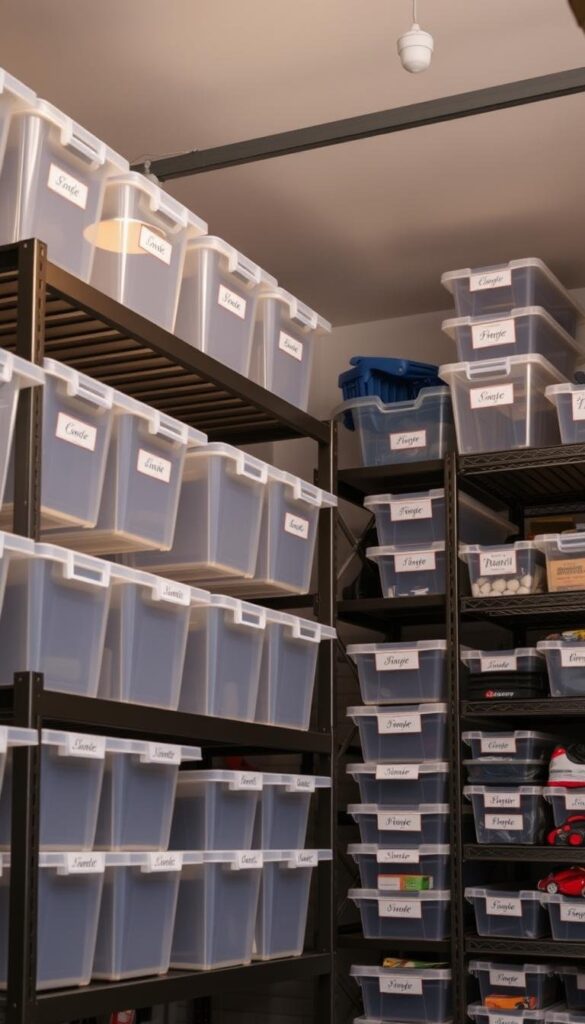 A well-organized garage labeling system, featuring a series of clear plastic bins and shelves with printed labels. The bins are arranged neatly on sturdy metal shelving units, with ample lighting from overhead fixtures casting a warm glow on the contents. The labels are crisp and legible, using a simple yet elegant font that makes it easy to quickly identify the stored items. The scene has a clean, efficient atmosphere, conveying a sense of order and productivity. The overall composition suggests a practical, functional approach to garage organization and storage. A well-organized garage labeling system, featuring a series of clear plastic bins and shelves with printed labels. The bins are arranged neatly on sturdy metal shelving units, with ample lighting from overhead fixtures casting a warm glow on the contents. The labels are crisp and legible, using a simple yet elegant font that makes it easy to quickly identify the stored items. The scene has a clean, efficient atmosphere, conveying a sense of order and productivity. The overall composition suggests a practical, functional approach to garage organization and storage.