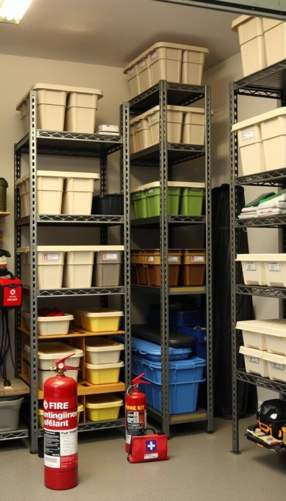 A well-organized garage storage system featuring sturdy metal shelving units, each neatly stocked with labeled plastic bins and containers. The shelves are arranged in a clean, symmetrical layout, allowing for easy access and visibility. Soft, even lighting illuminates the space, creating a sense of order and safety. In the foreground, a fire extinguisher and first aid kit are prominently displayed, underscoring the importance of emergency preparedness. The overall scene conveys a well-planned, secure, and efficient garage organization solution. A well-organized garage storage system featuring sturdy metal shelving units, each neatly stocked with labeled plastic bins and containers. The shelves are arranged in a clean, symmetrical layout, allowing for easy access and visibility. Soft, even lighting illuminates the space, creating a sense of order and safety. In the foreground, a fire extinguisher and first aid kit are prominently displayed, underscoring the importance of emergency preparedness. The overall scene conveys a well-planned, secure, and efficient garage organization solution.