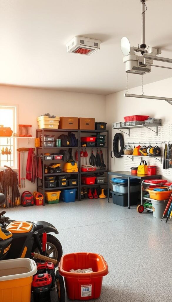 A well-organized garage with neatly arranged storage solutions, shelves, and labeled bins. The scene is brightly lit, with warm natural lighting streaming in through a large window. The foreground features a variety of common garage items such as tools, sporting equipment, and gardening supplies, all carefully organized and accessible. In the middle ground, modular shelving units and pegboards line the walls, providing ample space for efficient storage. The background showcases the garage's spacious layout, with a clean and clutter-free atmosphere that invites productivity and organization. A well-organized garage with neatly arranged storage solutions, shelves, and labeled bins. The scene is brightly lit, with warm natural lighting streaming in through a large window. The foreground features a variety of common garage items such as tools, sporting equipment, and gardening supplies, all carefully organized and accessible. In the middle ground, modular shelving units and pegboards line the walls, providing ample space for efficient storage. The background showcases the garage's spacious layout, with a clean and clutter-free atmosphere that invites productivity and organization.