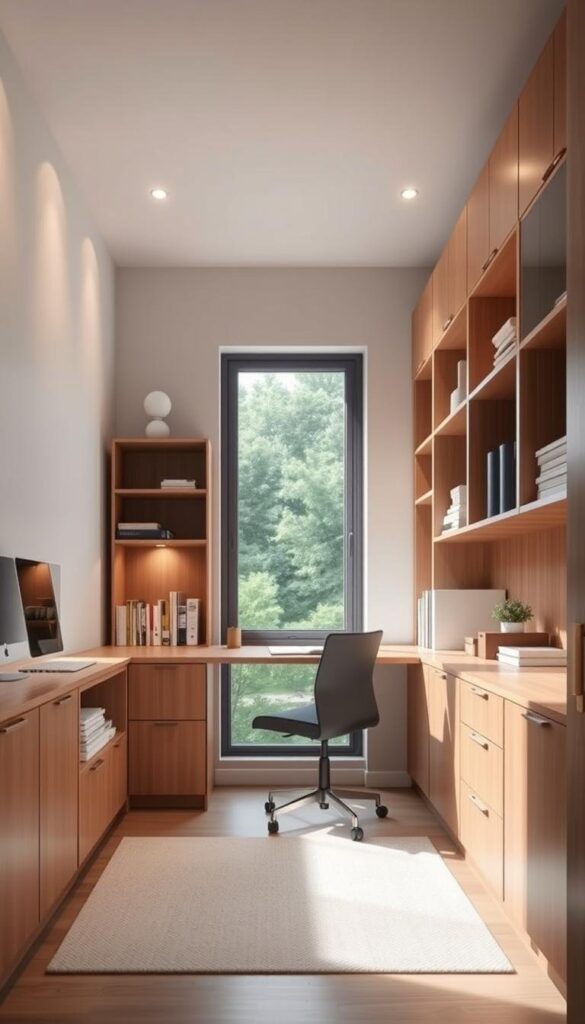 A well-organized home office with neatly arranged vertical storage solutions. Sleek, minimalist wooden shelves and cabinets line the walls, providing ample space for books, files, and office supplies. Soft, diffused lighting illuminates the scene, creating a calm and productive atmosphere. A large window in the background overlooks a lush, verdant landscape, offering a soothing view to inspire creativity. The layout is designed with efficiency in mind, maximizing the limited floor space while maintaining a clean and uncluttered aesthetic. This image showcases practical yet stylish storage ideas to enhance the functionality and organization of a small home office. A well-organized home office with neatly arranged vertical storage solutions. Sleek, minimalist wooden shelves and cabinets line the walls, providing ample space for books, files, and office supplies. Soft, diffused lighting illuminates the scene, creating a calm and productive atmosphere. A large window in the background overlooks a lush, verdant landscape, offering a soothing view to inspire creativity. The layout is designed with efficiency in mind, maximizing the limited floor space while maintaining a clean and uncluttered aesthetic. This image showcases practical yet stylish storage ideas to enhance the functionality and organization of a small home office.