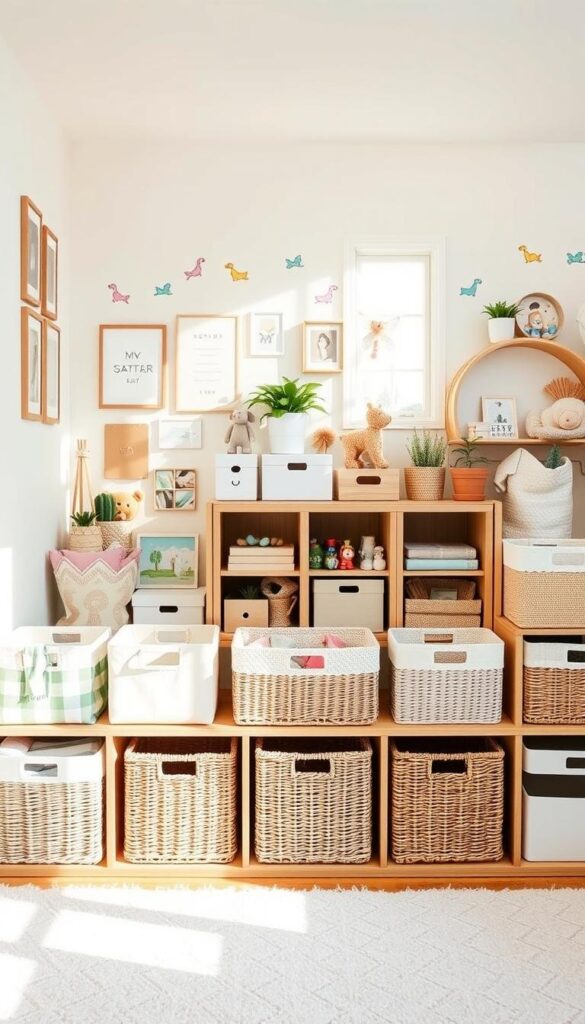 A well-organized kid's room with coordinated baskets and storage solutions arranged in a visually appealing manner. In the foreground, a variety of woven baskets and fabric bins in pastel colors sit neatly on a set of wooden shelves. The middle ground features a mix of toy storage cubbies, boxes, and decorative accessories like framed artwork and potted plants. The background depicts a cheerful, sun-filled room with colorful wall decals, cozy textiles, and natural wooden furniture. The overall scene conveys a sense of tidiness, functionality, and whimsy suitable for a child's personal space. The lighting is soft and diffused, creating a warm, inviting atmosphere. A well-organized kid's room with coordinated baskets and storage solutions arranged in a visually appealing manner. In the foreground, a variety of woven baskets and fabric bins in pastel colors sit neatly on a set of wooden shelves. The middle ground features a mix of toy storage cubbies, boxes, and decorative accessories like framed artwork and potted plants. The background depicts a cheerful, sun-filled room with colorful wall decals, cozy textiles, and natural wooden furniture. The overall scene conveys a sense of tidiness, functionality, and whimsy suitable for a child's personal space. The lighting is soft and diffused, creating a warm, inviting atmosphere.