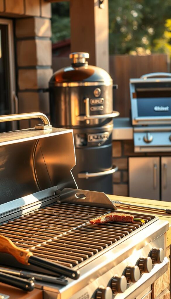 A well-stocked outdoor kitchen, bathed in warm, golden lighting. In the foreground, a sleek and shiny stainless steel grill, its grates glistening, ready to sear juicy steaks and burgers. Surrounding it, an array of essential BBQ tools - spatulas, tongs, and a basting brush, all neatly organized on a sturdy wooden table. In the middle ground, a large, covered smoker, its chrome exterior gleaming, promising to imbue meats with a delectable, smoky flavor. In the background, a modern gas grill, its controls easily accessible, standing ready to handle quick-grilled veggie skewers and grilled fruit. The scene exudes a sense of culinary confidence and the promise of delicious, perfectly-cooked outdoor meals. A well-stocked outdoor kitchen, bathed in warm, golden lighting. In the foreground, a sleek and shiny stainless steel grill, its grates glistening, ready to sear juicy steaks and burgers. Surrounding it, an array of essential BBQ tools - spatulas, tongs, and a basting brush, all neatly organized on a sturdy wooden table. In the middle ground, a large, covered smoker, its chrome exterior gleaming, promising to imbue meats with a delectable, smoky flavor. In the background, a modern gas grill, its controls easily accessible, standing ready to handle quick-grilled veggie skewers and grilled fruit. The scene exudes a sense of culinary confidence and the promise of delicious, perfectly-cooked outdoor meals.