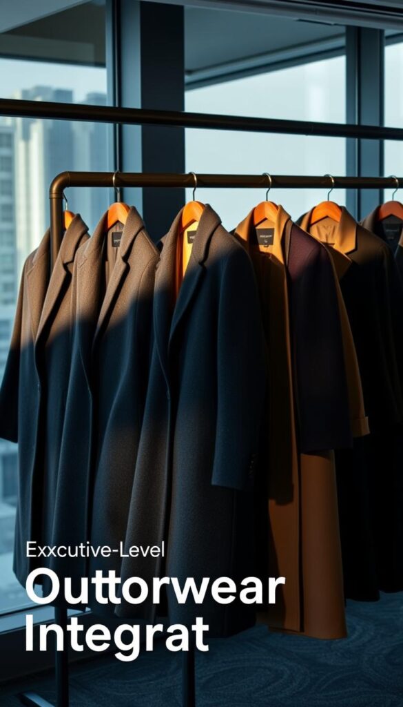A well-tailored group of professional winter coats in a sophisticated neutral palette, showcased against a backdrop of a modern, high-rise office setting. Crisp, structured silhouettes in premium fabrics like wool and cashmere, accented with clean lines and subtle details. Coats in shades of charcoal, camel, and navy hang elegantly on display, conveying an air of executive-level style and authority. Dramatic low-angle lighting highlights the refined textures and elegant draping, casting dramatic shadows that add depth and dimension. The overall scene exudes a sense of understated luxury and refined professionalism, perfectly suited for the "Executive-Level Outerwear Integration" section of the article. A well-tailored group of professional winter coats in a sophisticated neutral palette, showcased against a backdrop of a modern, high-rise office setting. Crisp, structured silhouettes in premium fabrics like wool and cashmere, accented with clean lines and subtle details. Coats in shades of charcoal, camel, and navy hang elegantly on display, conveying an air of executive-level style and authority. Dramatic low-angle lighting highlights the refined textures and elegant draping, casting dramatic shadows that add depth and dimension. The overall scene exudes a sense of understated luxury and refined professionalism, perfectly suited for the "Executive-Level Outerwear Integration" section of the article.