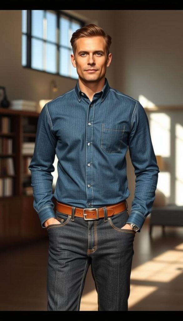 A well-tailored man stands in a refined interior, sunlight filtering through large windows. He wears a classic indigo-blue denim shirt, the fabric crisp and neatly pressed. Fitted straight-leg jeans in a dark wash complete the ensemble, hinting at understated wealth. The lighting casts subtle shadows, accentuating the garment's fine craftsmanship. In the background, a bookshelf and minimalist decor suggest an air of sophistication. The scene conveys a sense of effortless style, where quality and restraint take precedence over flashy branding. A well-tailored man stands in a refined interior, sunlight filtering through large windows. He wears a classic indigo-blue denim shirt, the fabric crisp and neatly pressed. Fitted straight-leg jeans in a dark wash complete the ensemble, hinting at understated wealth. The lighting casts subtle shadows, accentuating the garment's fine craftsmanship. In the background, a bookshelf and minimalist decor suggest an air of sophistication. The scene conveys a sense of effortless style, where quality and restraint take precedence over flashy branding.