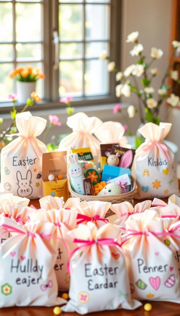 A whimsical collection of personalized Easter treat bags, each one a unique reflection of its young recipient. In the foreground, an assortment of pastel-hued, fabric-lined bags, adorned with hand-drawn designs, stickers, and ribbons. The middle ground showcases a variety of candies, chocolates, and small toys carefully curated to delight each child. In the background, a softly lit, cheerful spring scene, with blooming flowers and a sunlit window, creating a warm, inviting atmosphere. The overall mood is one of joy, creativity, and a touch of playful imagination, perfectly capturing the spirit of a personalized Easter celebration. A whimsical collection of personalized Easter treat bags, each one a unique reflection of its young recipient. In the foreground, an assortment of pastel-hued, fabric-lined bags, adorned with hand-drawn designs, stickers, and ribbons. The middle ground showcases a variety of candies, chocolates, and small toys carefully curated to delight each child. In the background, a softly lit, cheerful spring scene, with blooming flowers and a sunlit window, creating a warm, inviting atmosphere. The overall mood is one of joy, creativity, and a touch of playful imagination, perfectly capturing the spirit of a personalized Easter celebration.