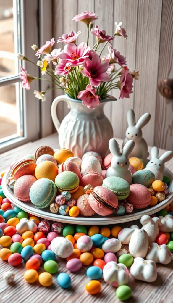 A whimsical still life featuring an assortment of colorful Easter treats. In the foreground, a platter overflows with vibrant macarons, pastel-hued truffles, and intricately decorated sugar cookies. Surrounding the treats are scattered jelly beans, foil-wrapped chocolate eggs, and playful bunny-shaped marshmallows. The middle ground showcases an elegant ceramic vase filled with springtime blooms, casting a soft, warm glow. In the background, a textured wooden surface provides a rustic backdrop, complemented by a window that allows natural light to pour in, creating a cheerful, inviting atmosphere. The overall scene exudes a sense of festivity and delight, perfectly capturing the essence of homemade Easter treats. A whimsical still life featuring an assortment of colorful Easter treats. In the foreground, a platter overflows with vibrant macarons, pastel-hued truffles, and intricately decorated sugar cookies. Surrounding the treats are scattered jelly beans, foil-wrapped chocolate eggs, and playful bunny-shaped marshmallows. The middle ground showcases an elegant ceramic vase filled with springtime blooms, casting a soft, warm glow. In the background, a textured wooden surface provides a rustic backdrop, complemented by a window that allows natural light to pour in, creating a cheerful, inviting atmosphere. The overall scene exudes a sense of festivity and delight, perfectly capturing the essence of homemade Easter treats.