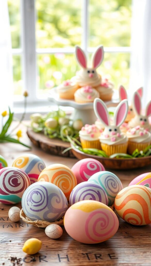 A whimsical still life showcasing a collection of Easter egg treats on a rustic wooden table. In the foreground, colorful handmade chocolate eggs with intricate swirling patterns sit nestled among vibrant pastel-dyed hard-boiled eggs, each with its own unique design. In the middle ground, a platter of homemade lemon-frosted cupcakes adorned with fondant bunny ears and sugar sprinkles. The background features a window overlooking a lush, verdant spring garden, with soft, diffused natural lighting flooding the scene. The overall atmosphere evokes a sense of joy, celebration, and the delightful anticipation of an Easter egg hunt. A whimsical still life showcasing a collection of Easter egg treats on a rustic wooden table. In the foreground, colorful handmade chocolate eggs with intricate swirling patterns sit nestled among vibrant pastel-dyed hard-boiled eggs, each with its own unique design. In the middle ground, a platter of homemade lemon-frosted cupcakes adorned with fondant bunny ears and sugar sprinkles. The background features a window overlooking a lush, verdant spring garden, with soft, diffused natural lighting flooding the scene. The overall atmosphere evokes a sense of joy, celebration, and the delightful anticipation of an Easter egg hunt.