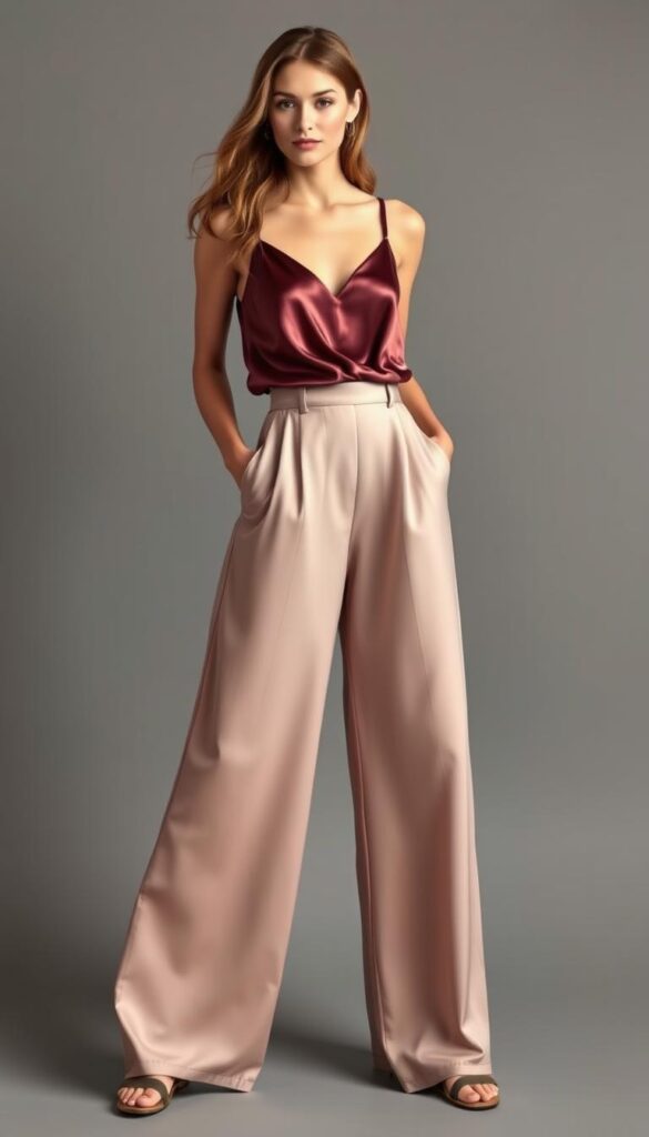 A wide-leg, silk-soft trouser in an elegant, flowing silhouette. The high-waisted, ankle-grazing cut creates a chic, modern line. Paired with a delicate, bias-cut silk camisole in a luxurious, jewel-toned hue. The subtle sheen of the fabric catches the soft, directional lighting, casting a warm, ambient glow. The outfit is styled against a neutral, minimalist backdrop, allowing the lines and textures to take center stage. The overall effect is one of effortless sophistication - a simple yet refined ensemble that exudes an air of timeless style. A wide-leg, silk-soft trouser in an elegant, flowing silhouette. The high-waisted, ankle-grazing cut creates a chic, modern line. Paired with a delicate, bias-cut silk camisole in a luxurious, jewel-toned hue. The subtle sheen of the fabric catches the soft, directional lighting, casting a warm, ambient glow. The outfit is styled against a neutral, minimalist backdrop, allowing the lines and textures to take center stage. The overall effect is one of effortless sophistication - a simple yet refined ensemble that exudes an air of timeless style.