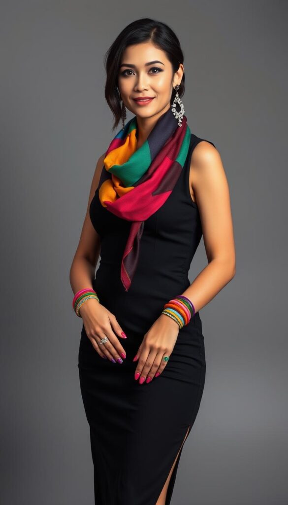 A woman in a sleek black dress stands confidently, her posture radiating self-assurance. Draped around her neck is a vibrant scarf in a kaleidoscope of colors, its bold hues contrasting beautifully with the monochrome dress. On her wrists, bangles in a spectrum of shades gleam, adding a touch of playful energy. Her fingers are adorned with rings in striking jewel tones, while her ears display a dazzling array of earrings that catch the soft, diffused light. The background is a muted, neutral tone, allowing the colorful accessories to take center stage and elevate the overall look, breaking the all-black monotony with a captivating pop of color. A woman in a sleek black dress stands confidently, her posture radiating self-assurance. Draped around her neck is a vibrant scarf in a kaleidoscope of colors, its bold hues contrasting beautifully with the monochrome dress. On her wrists, bangles in a spectrum of shades gleam, adding a touch of playful energy. Her fingers are adorned with rings in striking jewel tones, while her ears display a dazzling array of earrings that catch the soft, diffused light. The background is a muted, neutral tone, allowing the colorful accessories to take center stage and elevate the overall look, breaking the all-black monotony with a captivating pop of color.