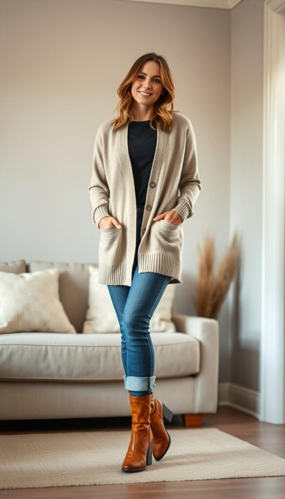 A woman standing in a cozy, well-lit living room, wearing a chic yet comfortable cardigan outfit. The cardigan is a soft, neutral tone, paired with classic blue jeans that are cuffed at the ankles. Her feet are adorned with sleek, ankle-high boots in a warm, cognac shade. The lighting is soft and diffused, creating a gentle, inviting atmosphere. The background features subtle, muted tones, allowing the focal point - the stylish but practical outfit - to take center stage. The model's pose is relaxed yet elegant, capturing the essence of a transitional fall/winter look that is both fashionable and functional. A woman standing in a cozy, well-lit living room, wearing a chic yet comfortable cardigan outfit. The cardigan is a soft, neutral tone, paired with classic blue jeans that are cuffed at the ankles. Her feet are adorned with sleek, ankle-high boots in a warm, cognac shade. The lighting is soft and diffused, creating a gentle, inviting atmosphere. The background features subtle, muted tones, allowing the focal point - the stylish but practical outfit - to take center stage. The model's pose is relaxed yet elegant, capturing the essence of a transitional fall/winter look that is both fashionable and functional.