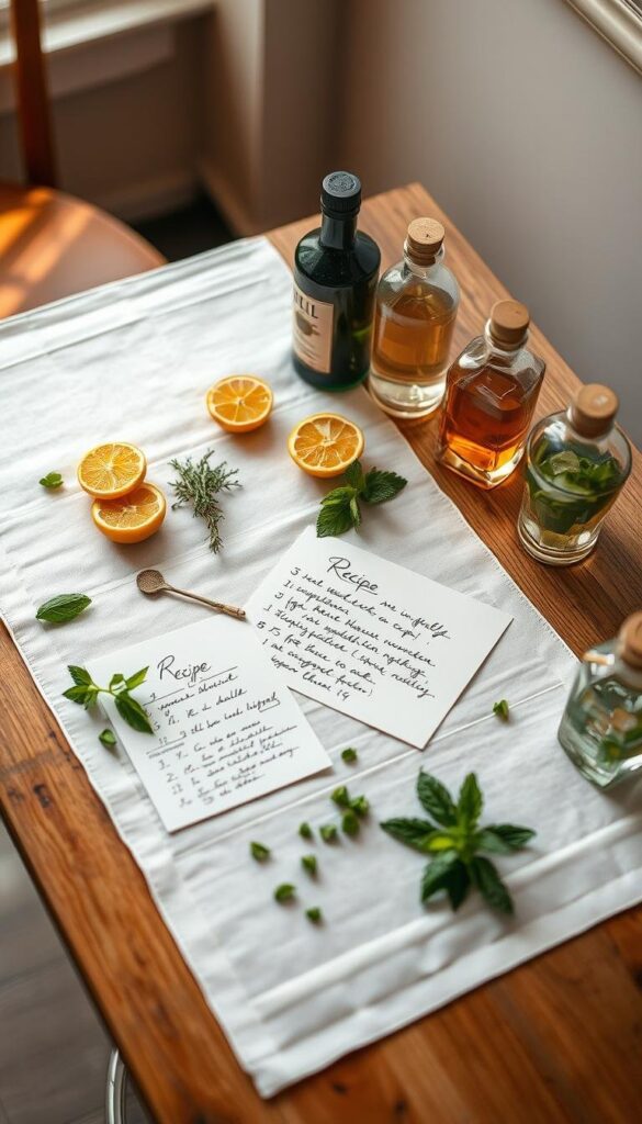 A wooden table with a crisp white tablecloth, an artful arrangement of handwritten recipe cards, fresh herbs, and a variety of cocktail ingredients including citrus slices, mint leaves, and small glass bottles. Soft, warm lighting from a nearby window illuminates the scene, creating a cozy, inviting atmosphere. The focus is on the homemade cocktail recipes, showcasing the effortless elegance of DIY mixology. The composition is balanced, with the recipes taking center stage, surrounded by the tools and ingredients needed to craft delicious, refreshing cocktails. A wooden table with a crisp white tablecloth, an artful arrangement of handwritten recipe cards, fresh herbs, and a variety of cocktail ingredients including citrus slices, mint leaves, and small glass bottles. Soft, warm lighting from a nearby window illuminates the scene, creating a cozy, inviting atmosphere. The focus is on the homemade cocktail recipes, showcasing the effortless elegance of DIY mixology. The composition is balanced, with the recipes taking center stage, surrounded by the tools and ingredients needed to craft delicious, refreshing cocktails.