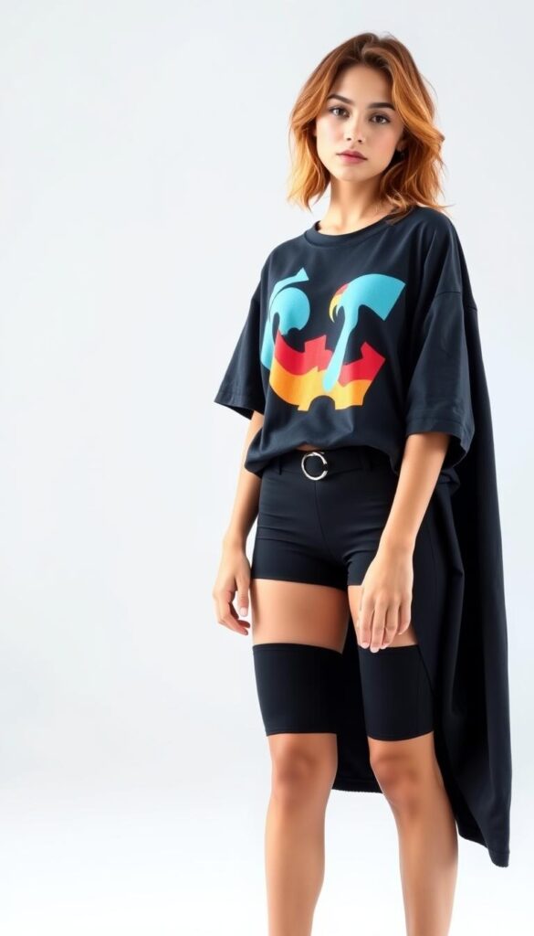 A young fashionable woman stands confidently in a well-lit studio, wearing a large, oversized graphic tee with a bold, colorful design. The tee cascades over her slim, athletic frame, accentuating her casual yet stylish look. She pairs the top with high-waisted, form-fitting black biker shorts, creating a sleek, figure-flattering silhouette. Her hair is styled in natural waves, and her makeup is minimal, allowing her natural beauty to shine. The overall atmosphere is one of effortless cool, with a studio backdrop that complements the outfit's casual-chic aesthetic. A young fashionable woman stands confidently in a well-lit studio, wearing a large, oversized graphic tee with a bold, colorful design. The tee cascades over her slim, athletic frame, accentuating her casual yet stylish look. She pairs the top with high-waisted, form-fitting black biker shorts, creating a sleek, figure-flattering silhouette. Her hair is styled in natural waves, and her makeup is minimal, allowing her natural beauty to shine. The overall atmosphere is one of effortless cool, with a studio backdrop that complements the outfit's casual-chic aesthetic.