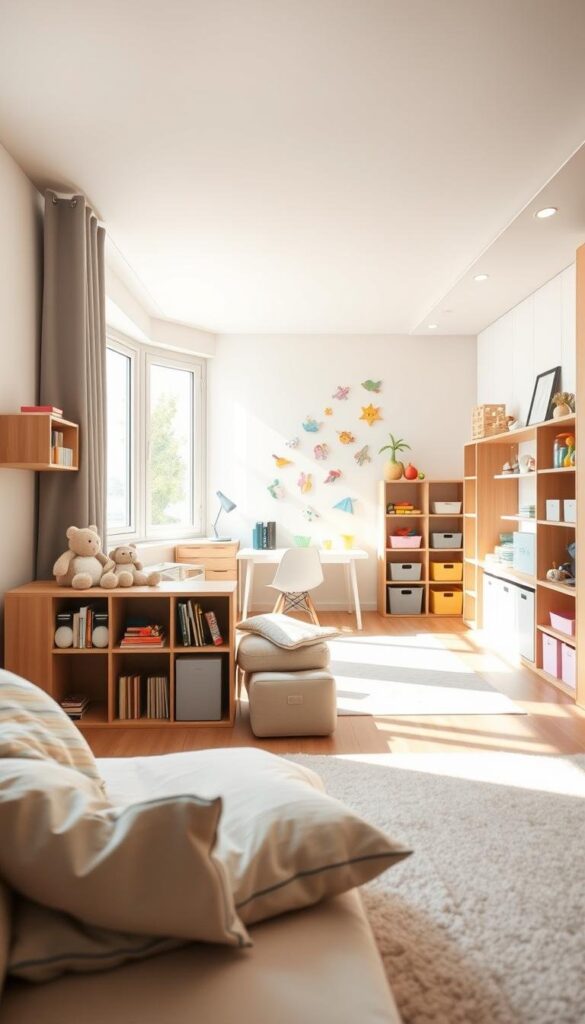 An airy, well-organized kid's bedroom, with distinct zones for different activities. In the foreground, a cozy reading nook with plush pillows and a small bookshelf. In the middle ground, a study area with a minimalist desk and chair, surrounded by vibrant wall decals. The background features a spacious play zone, with low shelves, bins, and a variety of toys neatly arranged. Natural light streams in through large windows, creating a warm, inviting atmosphere. The room's color palette is a harmonious blend of soft pastels and natural wood tones, promoting a sense of calm and productivity. A visually appealing, functional layout that caters to a child's varied needs and encourages tidy habits. An airy, well-organized kid's bedroom, with distinct zones for different activities. In the foreground, a cozy reading nook with plush pillows and a small bookshelf. In the middle ground, a study area with a minimalist desk and chair, surrounded by vibrant wall decals. The background features a spacious play zone, with low shelves, bins, and a variety of toys neatly arranged. Natural light streams in through large windows, creating a warm, inviting atmosphere. The room's color palette is a harmonious blend of soft pastels and natural wood tones, promoting a sense of calm and productivity. A visually appealing, functional layout that caters to a child's varied needs and encourages tidy habits.