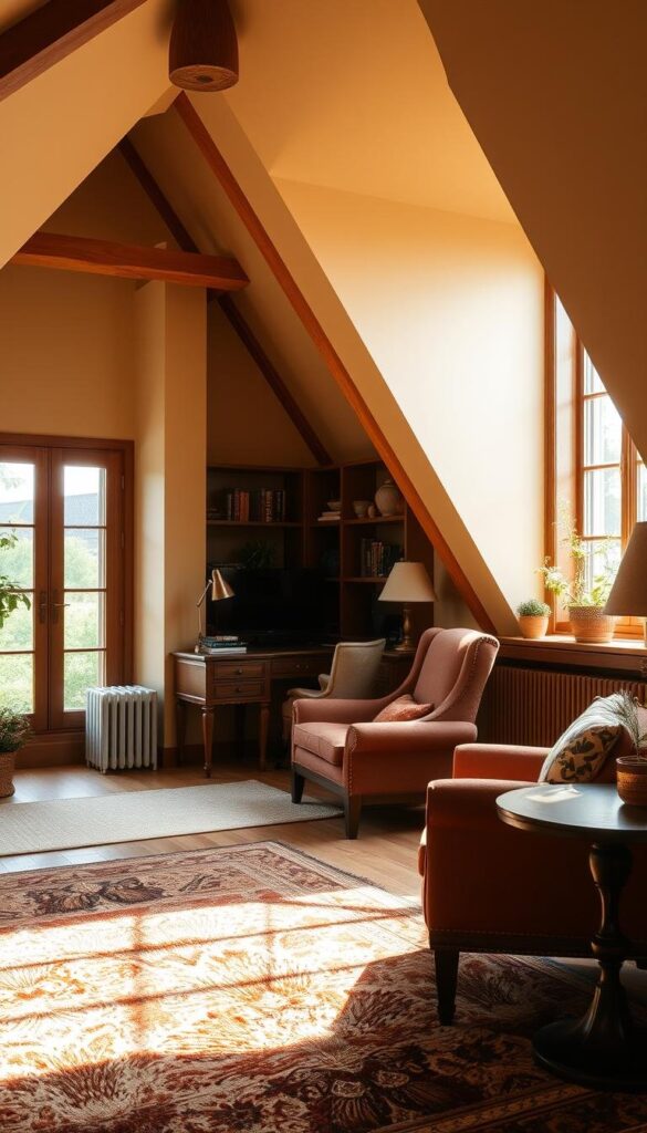 An elegant attic interior with a warm, inviting color scheme. A cozy workspace with a large window flooding the space with natural light, casting a soft glow over the room. In the foreground, a beautifully upholstered armchair in a rich, earthy tone sits next to a wooden side table. The middle ground features exposed wooden beams and a plush area rug in complementary hues. The background showcases built-in shelves displaying decorative accents and plants, creating a harmonious and visually appealing space. An elegant attic interior with a warm, inviting color scheme. A cozy workspace with a large window flooding the space with natural light, casting a soft glow over the room. In the foreground, a beautifully upholstered armchair in a rich, earthy tone sits next to a wooden side table. The middle ground features exposed wooden beams and a plush area rug in complementary hues. The background showcases built-in shelves displaying decorative accents and plants, creating a harmonious and visually appealing space.