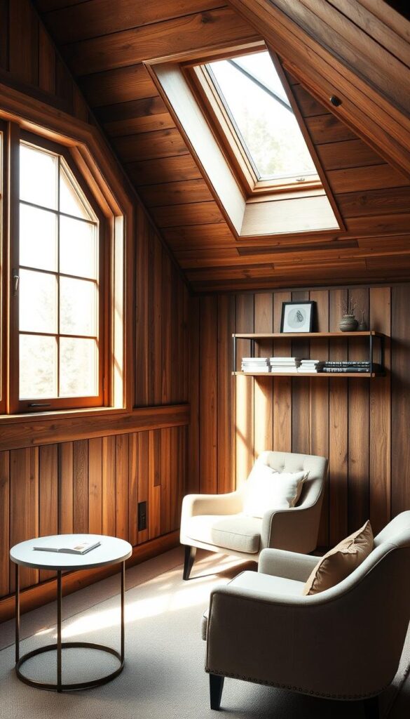 An elegant attic space bathed in warm, natural light filtering through large dormer windows. The walls are adorned with rustic wood paneling, complemented by sleek, modern furnishings - a plush, tufted armchair, a minimalist side table, and a floating shelf displaying carefully curated décor pieces. A cozy reading nook is nestled in the corner, inviting relaxation. The overall atmosphere evokes a serene, sanctuary-like ambiance, perfect for contemplation and creativity. Soft, diffused lighting casts a gentle glow, heightening the sense of tranquility. This harmonious blend of old and new, rustic and refined, creates an inspirational, functional attic space. An elegant attic space bathed in warm, natural light filtering through large dormer windows. The walls are adorned with rustic wood paneling, complemented by sleek, modern furnishings - a plush, tufted armchair, a minimalist side table, and a floating shelf displaying carefully curated décor pieces. A cozy reading nook is nestled in the corner, inviting relaxation. The overall atmosphere evokes a serene, sanctuary-like ambiance, perfect for contemplation and creativity. Soft, diffused lighting casts a gentle glow, heightening the sense of tranquility. This harmonious blend of old and new, rustic and refined, creates an inspirational, functional attic space.