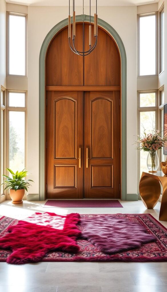 An elegant entryway design with a harmonious color palette. A grand double-door entrance in a warm, inviting wood tone, flanked by sleek, minimalist side panels in a soothing sage green. The light streams in through large windows, casting a soft, golden glow on the space. Plush, jewel-toned area rugs in rich ruby and sapphire tones anchor the scene, complemented by decorative accents in brass and ivory. Lush potted plants and a sculptural console table complete the welcoming, sophisticated atmosphere. An elegant entryway design with a harmonious color palette. A grand double-door entrance in a warm, inviting wood tone, flanked by sleek, minimalist side panels in a soothing sage green. The light streams in through large windows, casting a soft, golden glow on the space. Plush, jewel-toned area rugs in rich ruby and sapphire tones anchor the scene, complemented by decorative accents in brass and ivory. Lush potted plants and a sculptural console table complete the welcoming, sophisticated atmosphere.