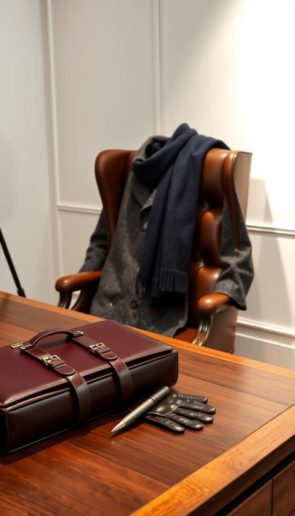 An elegant winter workplace ensemble showcased in a chic studio setting. In the foreground, a burgundy leather briefcase, brushed metal fountain pen, and a pair of supple leather gloves rest on a polished walnut desk. The middle ground features a sophisticated charcoal gray wool coat draped over a high-backed leather chair, complemented by a navy blue cashmere scarf artfully arranged. The background depicts a minimalist white wall with subtle wood paneling, illuminated by soft, indirect lighting that casts a warm, professional glow. An elegant winter workplace ensemble showcased in a chic studio setting. In the foreground, a burgundy leather briefcase, brushed metal fountain pen, and a pair of supple leather gloves rest on a polished walnut desk. The middle ground features a sophisticated charcoal gray wool coat draped over a high-backed leather chair, complemented by a navy blue cashmere scarf artfully arranged. The background depicts a minimalist white wall with subtle wood paneling, illuminated by soft, indirect lighting that casts a warm, professional glow.