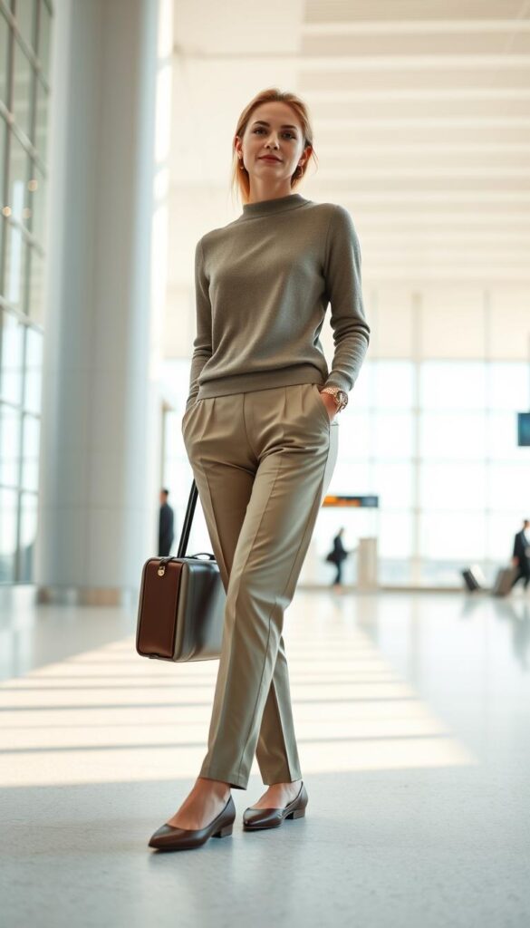 An elegant woman in a stylish, yet comfortable travel outfit stands confidently in a bright, airy airport terminal. Her tailored trousers, luxurious cashmere sweater, and leather ballet flats exude refined sophistication. Soft, natural lighting from the floor-to-ceiling windows casts a warm glow, highlighting the outfit's neutral palette and clean lines. The woman's posture is relaxed, conveying a sense of ease and effortlessness as she navigates the airport with poise. In the background, the terminal's minimalist architecture and subtle patterns create a modern, streamlined ambiance, complementing the elevated comfort of her ensemble. An elegant woman in a stylish, yet comfortable travel outfit stands confidently in a bright, airy airport terminal. Her tailored trousers, luxurious cashmere sweater, and leather ballet flats exude refined sophistication. Soft, natural lighting from the floor-to-ceiling windows casts a warm glow, highlighting the outfit's neutral palette and clean lines. The woman's posture is relaxed, conveying a sense of ease and effortlessness as she navigates the airport with poise. In the background, the terminal's minimalist architecture and subtle patterns create a modern, streamlined ambiance, complementing the elevated comfort of her ensemble.