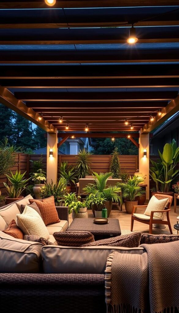 An outdoor patio with a cozy, inviting atmosphere designed for year-round comfort. In the foreground, a plush sectional sofa is adorned with an array of textured throw pillows and a cozy blanket, creating a welcoming seating area. The middle ground features a well-curated selection of potted plants and lush greenery, complemented by a statement piece of modern outdoor furniture, such as a sleek coffee table or a sculptural side chair. In the background, a well-constructed pergola or awning casts a soft, warm glow over the space, diffusing natural light and creating a serene ambiance. The scene is enhanced by strategically placed lighting fixtures, both overhead and along the perimeter, adding to the overall sense of coziness and atmosphere. The patio's design seamlessly blends functionality, aesthetics, and consideration for the local climate, inspiring year-round outdoor living. An outdoor patio with a cozy, inviting atmosphere designed for year-round comfort. In the foreground, a plush sectional sofa is adorned with an array of textured throw pillows and a cozy blanket, creating a welcoming seating area. The middle ground features a well-curated selection of potted plants and lush greenery, complemented by a statement piece of modern outdoor furniture, such as a sleek coffee table or a sculptural side chair. In the background, a well-constructed pergola or awning casts a soft, warm glow over the space, diffusing natural light and creating a serene ambiance. The scene is enhanced by strategically placed lighting fixtures, both overhead and along the perimeter, adding to the overall sense of coziness and atmosphere. The patio's design seamlessly blends functionality, aesthetics, and consideration for the local climate, inspiring year-round outdoor living.