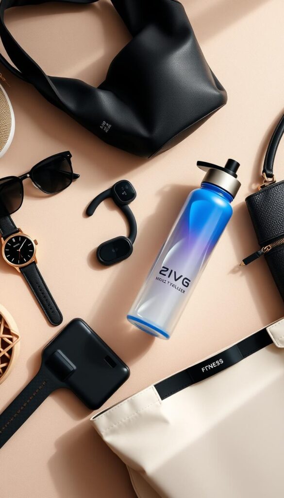 Athleisure accessories styling guide: A flatlay composition with a variety of stylish athleisure accessories artfully arranged on a neutral background. Prominently featured are designer sunglasses, a sleek smartwatch, a high-end water bottle, a designer tote bag, and a premium fitness tracker. The lighting is soft and diffused, creating a warm, inviting ambiance. The accessories are captured at a slight angle, creating depth and visual interest. The overall mood is one of effortless sophistication, capturing the essence of athleisure fashion. Athleisure accessories styling guide: A flatlay composition with a variety of stylish athleisure accessories artfully arranged on a neutral background. Prominently featured are designer sunglasses, a sleek smartwatch, a high-end water bottle, a designer tote bag, and a premium fitness tracker. The lighting is soft and diffused, creating a warm, inviting ambiance. The accessories are captured at a slight angle, creating depth and visual interest. The overall mood is one of effortless sophistication, capturing the essence of athleisure fashion.