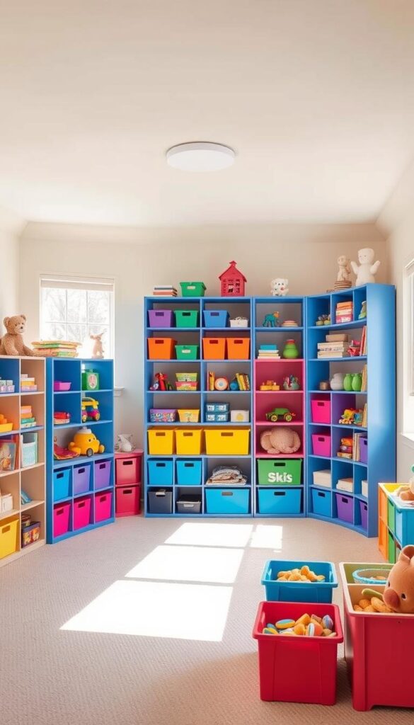 Bright, well-lit playroom with vibrant, colorful toy storage solutions neatly arranged. Shelves, bins, and boxes in a variety of shapes and sizes, strategically positioned to maximize space and keep items accessible. Toys, books, and small accessories displayed in an organized, visually appealing manner. Neutral-toned walls and floor provide a clean, uncluttered backdrop. Soft lighting from overhead fixtures and natural sunlight filtering through large windows create a warm, inviting atmosphere. A sense of harmony and deliberate organization permeates the scene, inspiring a sense of productivity and calm. Bright, well-lit playroom with vibrant, colorful toy storage solutions neatly arranged. Shelves, bins, and boxes in a variety of shapes and sizes, strategically positioned to maximize space and keep items accessible. Toys, books, and small accessories displayed in an organized, visually appealing manner. Neutral-toned walls and floor provide a clean, uncluttered backdrop. Soft lighting from overhead fixtures and natural sunlight filtering through large windows create a warm, inviting atmosphere. A sense of harmony and deliberate organization permeates the scene, inspiring a sense of productivity and calm.