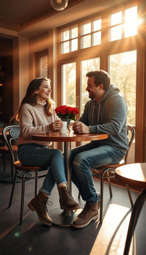 Casual yet stylish couple enjoying a cozy coffee date on a chilly Valentine's Day. The woman wears a soft pink sweater, faded blue jeans, and chic ankle boots. Her partner has on a charcoal gray hoodie, dark wash denim, and weathered leather sneakers. Warm lighting casts a romantic glow over their intimate table in a quaint cafe, with latte art and a bouquet of red roses adding a festive touch. Rays of golden sunshine filter through large windows, casting a dreamy haze over the scene. The overall mood is relaxed, comfortable, and full of affection. Casual yet stylish couple enjoying a cozy coffee date on a chilly Valentine's Day. The woman wears a soft pink sweater, faded blue jeans, and chic ankle boots. Her partner has on a charcoal gray hoodie, dark wash denim, and weathered leather sneakers. Warm lighting casts a romantic glow over their intimate table in a quaint cafe, with latte art and a bouquet of red roses adding a festive touch. Rays of golden sunshine filter through large windows, casting a dreamy haze over the scene. The overall mood is relaxed, comfortable, and full of affection.