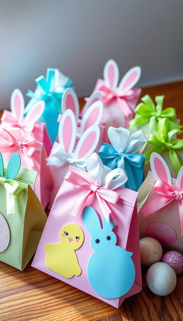 Colorful and whimsical assortment of custom Easter treat bags, meticulously crafted with an array of textures and patterns. Vibrant pastel shades of pink, blue, and green create a cheerful ambiance, accented by playful bunny, chick, and egg-shaped elements. The bags are elegantly arranged on a wooden surface, bathed in soft, diffused lighting that enhances their visual appeal. Attention to detail is evident in the carefully selected ribbons, bows, and other decorative touches, evoking a sense of homemade charm. The overall composition captures the spirit of creativity and excitement surrounding the preparation of special Easter treats for children. Colorful and whimsical assortment of custom Easter treat bags, meticulously crafted with an array of textures and patterns. Vibrant pastel shades of pink, blue, and green create a cheerful ambiance, accented by playful bunny, chick, and egg-shaped elements. The bags are elegantly arranged on a wooden surface, bathed in soft, diffused lighting that enhances their visual appeal. Attention to detail is evident in the carefully selected ribbons, bows, and other decorative touches, evoking a sense of homemade charm. The overall composition captures the spirit of creativity and excitement surrounding the preparation of special Easter treats for children.