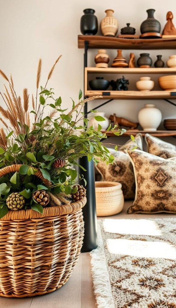 Cozy and earthy home accents inspired by the wild, bathed in warm, natural lighting. In the foreground, a woven basket overflows with lush greenery and dried botanicals. In the middle ground, a sleek, black vase holds cascading stems of leafy foliage. The background features a rustic, wooden shelf displaying an array of textured ceramic vessels and carved wooden trinkets. Subtle hints of animal print through accent pillows and a plush area rug ground the scene in a touch of wild elegance. The overall composition exudes a balanced, harmonious ambiance that seamlessly blends the natural and the refined. Cozy and earthy home accents inspired by the wild, bathed in warm, natural lighting. In the foreground, a woven basket overflows with lush greenery and dried botanicals. In the middle ground, a sleek, black vase holds cascading stems of leafy foliage. The background features a rustic, wooden shelf displaying an array of textured ceramic vessels and carved wooden trinkets. Subtle hints of animal print through accent pillows and a plush area rug ground the scene in a touch of wild elegance. The overall composition exudes a balanced, harmonious ambiance that seamlessly blends the natural and the refined.