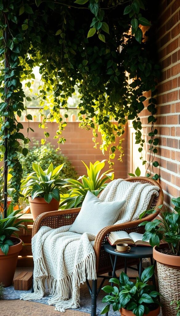 Cozy outdoor reading nook with a comfortable armchair and a plush throw blanket, surrounded by lush potted plants and trailing vines. Soft natural light filters through a canopy of greenery, creating a serene and inviting atmosphere. The scene is set against the backdrop of a brick wall, adding a warm, rustic touch. A small side table holds a steaming mug of tea and an open book, inviting you to settle in and get lost in the pages. The overall composition exudes a sense of tranquility and escapism, perfect for an intimate and rejuvenating reading experience. Cozy outdoor reading nook with a comfortable armchair and a plush throw blanket, surrounded by lush potted plants and trailing vines. Soft natural light filters through a canopy of greenery, creating a serene and inviting atmosphere. The scene is set against the backdrop of a brick wall, adding a warm, rustic touch. A small side table holds a steaming mug of tea and an open book, inviting you to settle in and get lost in the pages. The overall composition exudes a sense of tranquility and escapism, perfect for an intimate and rejuvenating reading experience.