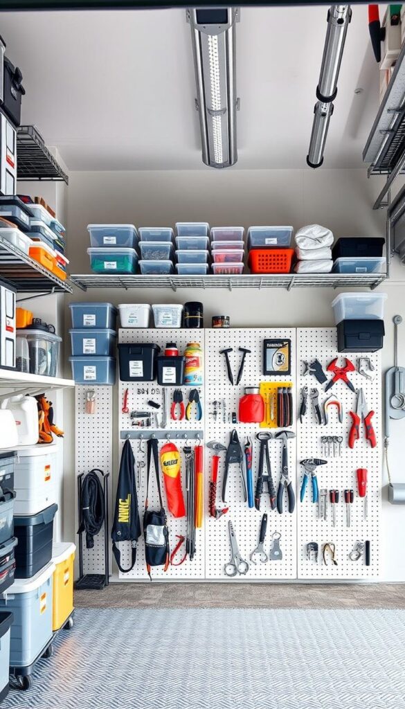 Crisp, well-lit garage interior with a focus on innovative magnetic and clear storage solutions. The foreground showcases a variety of modular shelving units, containers, and organizers arranged neatly on the walls. Mid-ground features a pegboard system with hooks, clips, and magnetic strips to hold tools, hardware, and supplies in an orderly fashion. The background subtly hints at additional storage spaces, such as overhead racks and cabinets, creating an impression of a highly functional and visually appealing garage organization setup. The overall scene conveys a sense of efficiency, practicality, and a touch of modern minimalism. Crisp, well-lit garage interior with a focus on innovative magnetic and clear storage solutions. The foreground showcases a variety of modular shelving units, containers, and organizers arranged neatly on the walls. Mid-ground features a pegboard system with hooks, clips, and magnetic strips to hold tools, hardware, and supplies in an orderly fashion. The background subtly hints at additional storage spaces, such as overhead racks and cabinets, creating an impression of a highly functional and visually appealing garage organization setup. The overall scene conveys a sense of efficiency, practicality, and a touch of modern minimalism.
