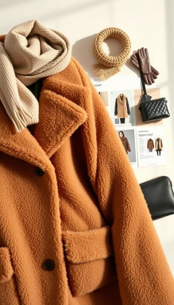 Detailed close-up view of fashion essentials for the perfect teddy coat shopping guide. In the foreground, a plush, tan teddy coat with a cozy collar and oversized pockets. Floating around it, essential accessories like a knit scarf in a complementary neutral hue, leather gloves, and a stylish crossbody bag. In the middle ground, a minimalist mood board with fabric swatches, color palettes, and inspirational imagery of different teddy coat styles. The background is a soft, diffused studio setting with gentle side lighting, creating a warm, inviting atmosphere. Detailed close-up view of fashion essentials for the perfect teddy coat shopping guide. In the foreground, a plush, tan teddy coat with a cozy collar and oversized pockets. Floating around it, essential accessories like a knit scarf in a complementary neutral hue, leather gloves, and a stylish crossbody bag. In the middle ground, a minimalist mood board with fabric swatches, color palettes, and inspirational imagery of different teddy coat styles. The background is a soft, diffused studio setting with gentle side lighting, creating a warm, inviting atmosphere.