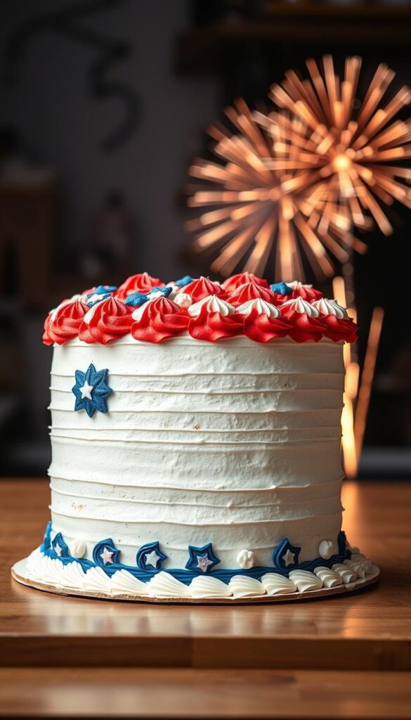 Detailed image of a stunning July 4th cake, standing proudly on a wooden table. The cake features vibrant red, white, and blue frosting, meticulously sculpted to resemble the American flag. Fireworks burst in the background, casting a warm, patriotic glow over the scene. The cake is adorned with intricately piped decorations, including stars, stripes, and other patriotic motifs. Soft, diffused lighting illuminates the cake, highlighting its textural details and making it the undisputed centerpiece of the composition. The overall mood is one of festive celebration, inviting the viewer to imagine themselves gathering with friends and family to enjoy this showstopping dessert. Detailed image of a stunning July 4th cake, standing proudly on a wooden table. The cake features vibrant red, white, and blue frosting, meticulously sculpted to resemble the American flag. Fireworks burst in the background, casting a warm, patriotic glow over the scene. The cake is adorned with intricately piped decorations, including stars, stripes, and other patriotic motifs. Soft, diffused lighting illuminates the cake, highlighting its textural details and making it the undisputed centerpiece of the composition. The overall mood is one of festive celebration, inviting the viewer to imagine themselves gathering with friends and family to enjoy this showstopping dessert.