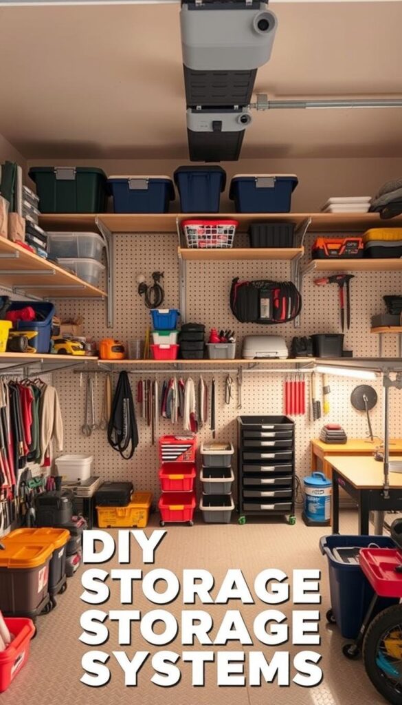Detailed layout of a well-organized DIY garage storage system, featuring custom shelving, pegboards, and overhead racks. The scene is bathed in warm, diffused lighting that accentuates the clean, functional design. Carefully arranged tools, bins, and storage containers populate the foreground, conveying a sense of efficiency and practicality. The middle ground showcases a flexible storage solution with adjustable shelves and hooks, while the background showcases a neatly arranged workspace, complete with a workbench and task lighting. The overall atmosphere is one of order, productivity, and a thoughtful approach to maximizing limited garage space. Detailed layout of a well-organized DIY garage storage system, featuring custom shelving, pegboards, and overhead racks. The scene is bathed in warm, diffused lighting that accentuates the clean, functional design. Carefully arranged tools, bins, and storage containers populate the foreground, conveying a sense of efficiency and practicality. The middle ground showcases a flexible storage solution with adjustable shelves and hooks, while the background showcases a neatly arranged workspace, complete with a workbench and task lighting. The overall atmosphere is one of order, productivity, and a thoughtful approach to maximizing limited garage space.