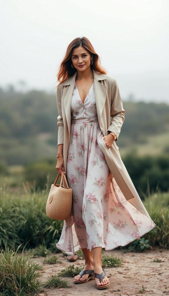 Elegant and refined spring outfit featuring a flowing midi dress in a pastel floral print, paired with a structured beige trench coat. The outfit is accessorized with delicate gold jewelry, a woven tote bag, and strappy leather sandals. The model is captured in a natural, outdoor setting with soft, diffused lighting, creating a serene and effortless mood. The image showcases an elevated take on casual spring wear, perfect for a leisurely weekend or a casual work day. Elegant and refined spring outfit featuring a flowing midi dress in a pastel floral print, paired with a structured beige trench coat. The outfit is accessorized with delicate gold jewelry, a woven tote bag, and strappy leather sandals. The model is captured in a natural, outdoor setting with soft, diffused lighting, creating a serene and effortless mood. The image showcases an elevated take on casual spring wear, perfect for a leisurely weekend or a casual work day.