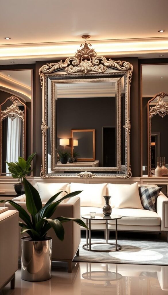 Elegant and stylish mirror placement, illuminated by soft, warm lighting that casts a flattering glow. A central, grand mirror, its frame ornately detailed, dominates the room, flanked by smaller, complementary mirrors artfully arranged to create depth and visual interest. The mirrors are strategically positioned to reflect natural light, amplifying the sense of space and brightness. Sleek, modern furniture and decor elements accentuate the sophisticated ambiance, while thoughtful plant life adds a touch of natural elegance. The overall scene exudes a harmonious, high-end aesthetic, perfectly showcasing how mirrors can transform and enhance a living space. Elegant and stylish mirror placement, illuminated by soft, warm lighting that casts a flattering glow. A central, grand mirror, its frame ornately detailed, dominates the room, flanked by smaller, complementary mirrors artfully arranged to create depth and visual interest. The mirrors are strategically positioned to reflect natural light, amplifying the sense of space and brightness. Sleek, modern furniture and decor elements accentuate the sophisticated ambiance, while thoughtful plant life adds a touch of natural elegance. The overall scene exudes a harmonious, high-end aesthetic, perfectly showcasing how mirrors can transform and enhance a living space.