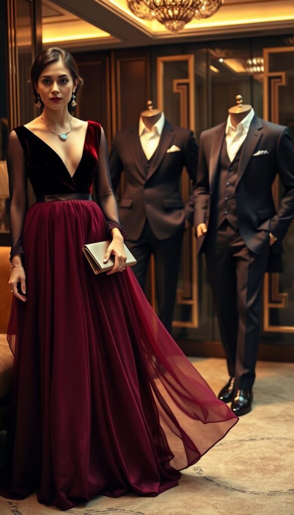 Elegant cocktail attire options: A sophisticated selection of evening dresses, tailored suits, and stylish accessories captured in a warm, softly-lit setting. The foreground features a floor-length gown with a deep burgundy velvet bodice and flowing chiffon skirt, complemented by statement jewelry and a satin clutch. In the middle ground, a tailored three-piece suit in a rich navy hue with a crisp white shirt and polished leather oxfords. The background hints at a refined, art deco-inspired ambiance with hints of gold accents and subtle patterns, creating an atmosphere of timeless glamour. Elegant cocktail attire options: A sophisticated selection of evening dresses, tailored suits, and stylish accessories captured in a warm, softly-lit setting. The foreground features a floor-length gown with a deep burgundy velvet bodice and flowing chiffon skirt, complemented by statement jewelry and a satin clutch. In the middle ground, a tailored three-piece suit in a rich navy hue with a crisp white shirt and polished leather oxfords. The background hints at a refined, art deco-inspired ambiance with hints of gold accents and subtle patterns, creating an atmosphere of timeless glamour.