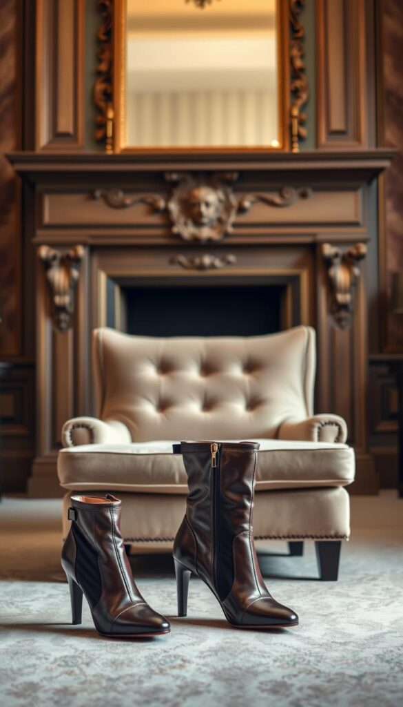 Elegant formal boots for special occasions, showcased in a luxurious setting. A pair of sleek, knee-high leather boots stand proudly in the foreground, their high heels and intricate stitching reflecting the soft, warm lighting. In the middle ground, a plush, velvet armchair provides a sumptuous backdrop, while the background features a grand, ornate fireplace and rich, textured walls, creating an atmosphere of refined sophistication. The boots are the focal point, their clean lines and polished finish suggesting a sense of timeless style and effortless glamour, perfect for formal events and special occasions. Elegant formal boots for special occasions, showcased in a luxurious setting. A pair of sleek, knee-high leather boots stand proudly in the foreground, their high heels and intricate stitching reflecting the soft, warm lighting. In the middle ground, a plush, velvet armchair provides a sumptuous backdrop, while the background features a grand, ornate fireplace and rich, textured walls, creating an atmosphere of refined sophistication. The boots are the focal point, their clean lines and polished finish suggesting a sense of timeless style and effortless glamour, perfect for formal events and special occasions.